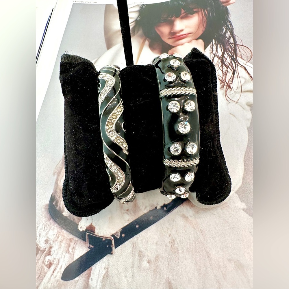 BUNDLE ME! Pair of Black Enamel & Crystal Stones on Silver Bangle Bracelet